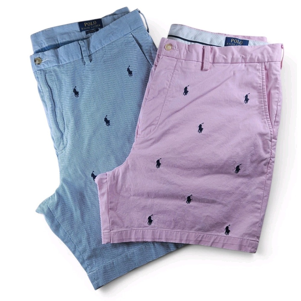 Polo Ralph Lauren Shorts Size 40 Pink Blue Pinstripe All Over Pony Chino Lot x2